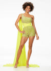 Yellow ASHLEYlauren 11228 One-Shoulder Romper Fully Encrusted with Pearls and Crystals, Featuring a Ruched Wrap Waist and Attached Chiffon Float
