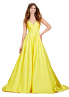 Yellow ASHLEYlauren 11267 stunning A-line gown featuring delicate spaghetti straps, a sweetheart neckline, eye-catching crystal trim, and asymmetrical ruching on the bustier to accentuate your curves for a glamorous and sophisticated look.