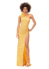 Yellow ASHLEYlauren 11277 one shoulder gown featuring intricate sequin and crystal beading, feather-accented neckline, left leg slit, and strappy open back.