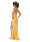 Back - Yellow ASHLEYlauren 11277 one shoulder gown featuring intricate sequin and crystal beading, feather-accented neckline, left leg slit, and strappy open back.
