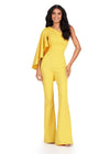 Yellow ASHLEYlauren 11543 Scuba Jumpsuit with One Shoulder Design, Cascading Ruffle Cape Sleeve, and Dramatic Style