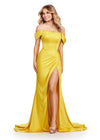 Yellow ASHLEYlauren 11575 Strapless Satin Gown with Corset Bustier, Ruched Hip Detail, Draped Skirt, Slit, and Sweep Train