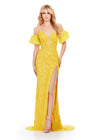 Yellow ASHLEYlauren 11585 Fully Beaded Strapless Gown with Intricate Lace Pattern, Sweetheart Neckline, Off Shoulder Puff Sleeves, and Left Leg Slit