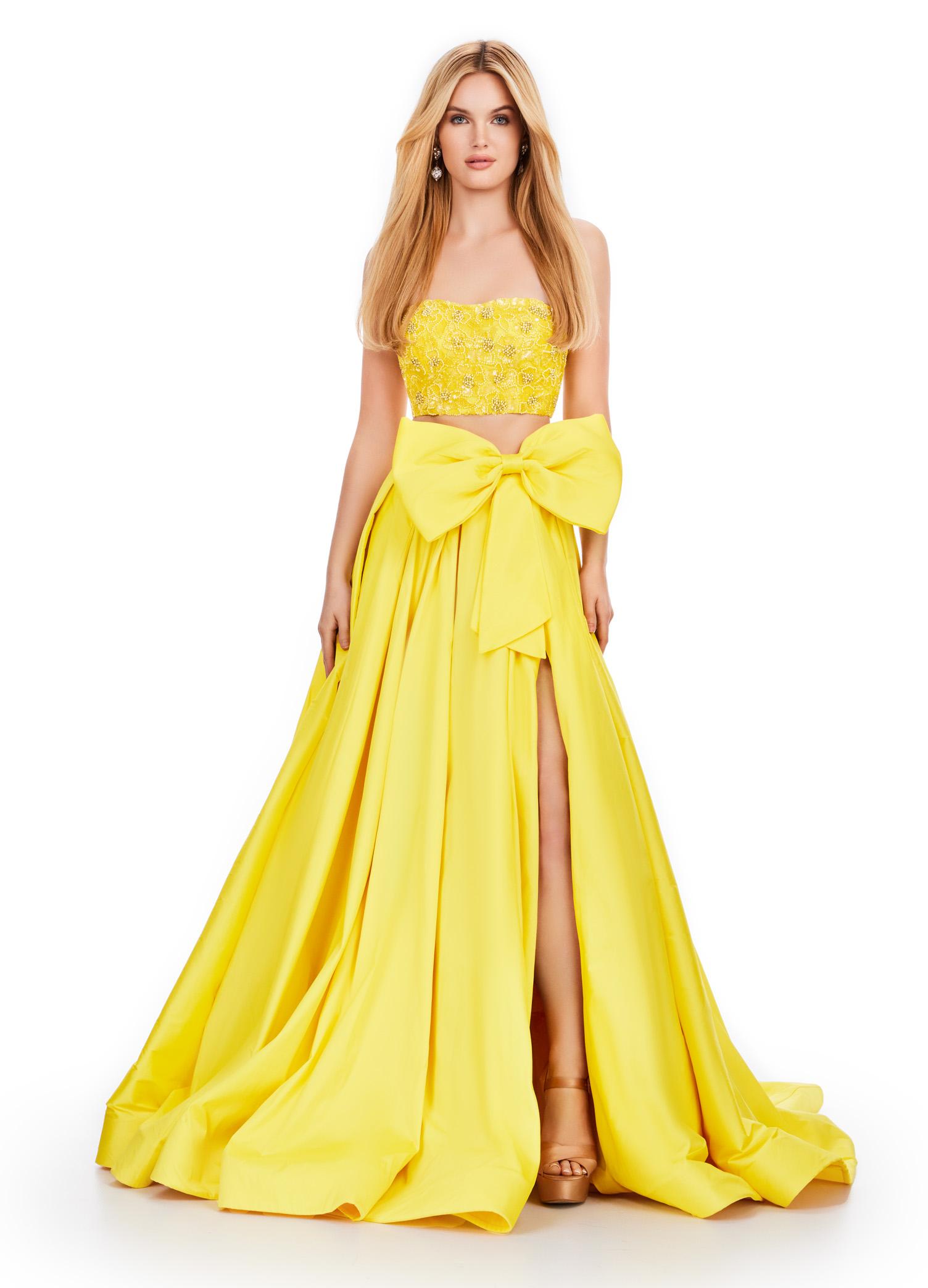 Yellow ASHLEYlauren 11650 Two-Piece Ball Gown with Intricately Beaded Strapless Bustier, A-Line Taffeta Skirt, and Statement Oversized Bow Detail