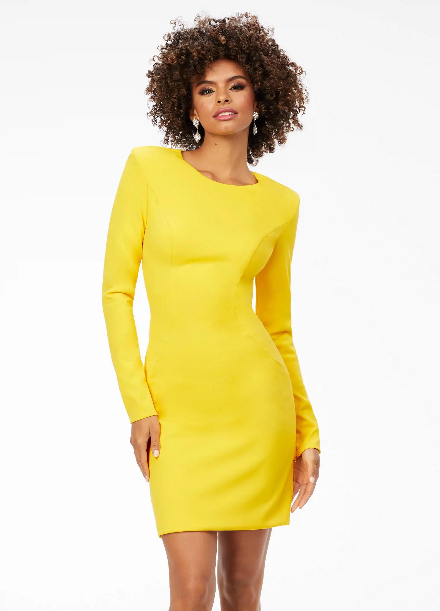 Yellow ASHLEYlauren 4336 fitted short dress featuring a classic crew neckline, long sleeves with shoulder pads, and a full exposed zipper back for a sleek and modern look.