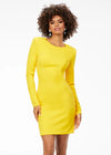 Yellow ASHLEYlauren 4336 fitted short dress featuring a classic crew neckline, long sleeves with shoulder pads, and a full exposed zipper back for a sleek and modern look.