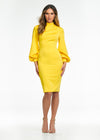 Yellow ASHLEYlauren 4487 silver fully hand-beaded cocktail dress featuring a halter neckline, high back, fitted skirt, left leg slit, and fringe trim along the hemline for a chic and glamorous look.