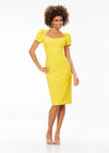 Yellow ASHLEYlauren 4534 scuba cocktail dress featuring a modified square neckline, dramatic puff sleeves, fitted tea-length skirt, and full zipper back for a sophisticated and stylish look.