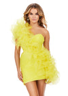 Yellow ASHLEYlauren 4672 fitted organza cocktail dress featuring an oversized asymmetrical one shoulder ruffle cascading onto the skirt and an asymmetrical hem for a bold and elegant statement look.