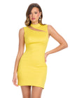 Yellow ASHLEYlauren 4798 Scuba Cocktail Dress with High Neckline, Asymmetrical Illusion Cut-Out, and Fitted Skirt
