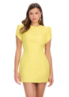 Yellow ASHLEYlauren 4809 Tweed Cocktail Dress with Crew Neckline, Pearl-Trimmed Puff Sleeves, Back Cut-Out, and Bow Detail