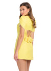 Back - Yellow ASHLEYlauren 4809 Tweed Cocktail Dress with Crew Neckline, Pearl-Trimmed Puff Sleeves, Back Cut-Out, and Bow Detail