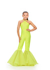 Yellow ASHLEYlauren 8265 super sassy kids jersey jumpsuit featuring a halter neckline, heat-set stone embellishments, and flared organza bell-bottom pant legs for a bold and stylish look.