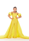 Yellow ASHLEYlauren 8269 fully beaded kids jumpsuit featuring a square neckline, dramatic removable taffeta puff sleeves, and a detachable taffeta overskirt for a bold and versatile statement look.