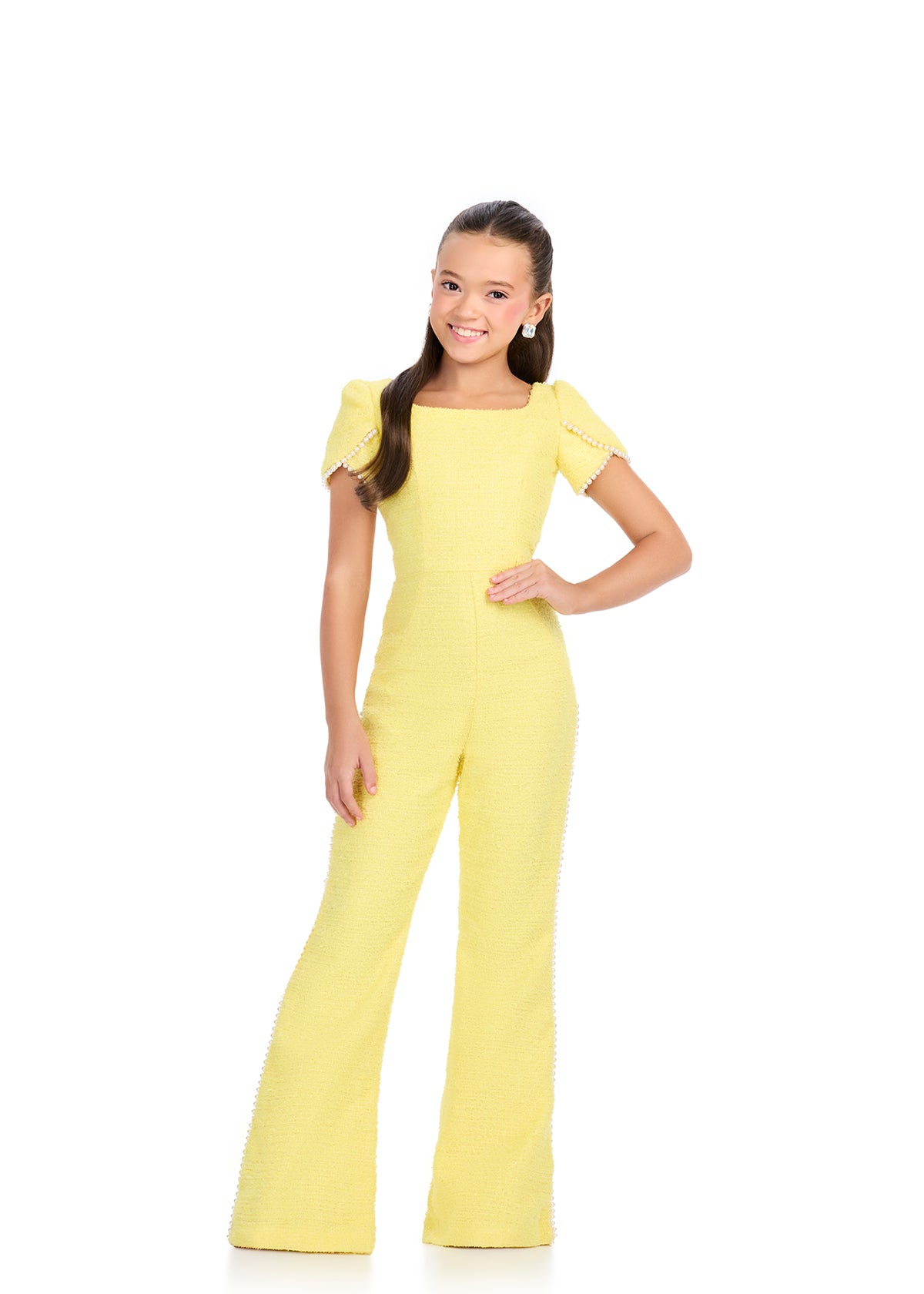 ASHLEYlauren 8309 Tweed Jumpsuit with Pearl Trim