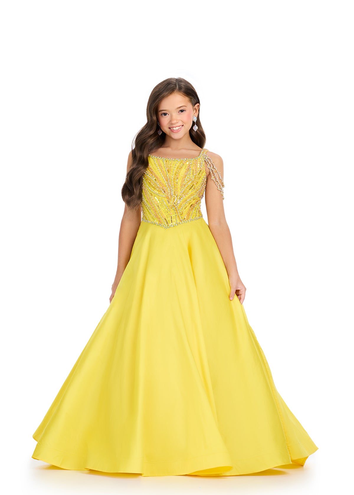 Yellow ASHLEYlauren 8320 Beaded Ball Gown with Off-Shoulder Straps, Bustier Bodice, and Taffeta Skirt