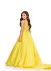 Back - Yellow ASHLEYlauren 8320 Beaded Ball Gown with Off-Shoulder Straps, Bustier Bodice, and Taffeta Skirt