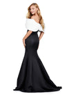 Back view. Ivory/Black ASHLEYlauren 11413 Elegant Off Shoulder Mermaid Gown in Double Faceted Satin with Statement Oversized Bow Neckline