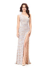 Ivory ASHLEYlauren 11277 one shoulder gown featuring intricate sequin and crystal beading, feather-accented neckline, left leg slit, and strappy open back.