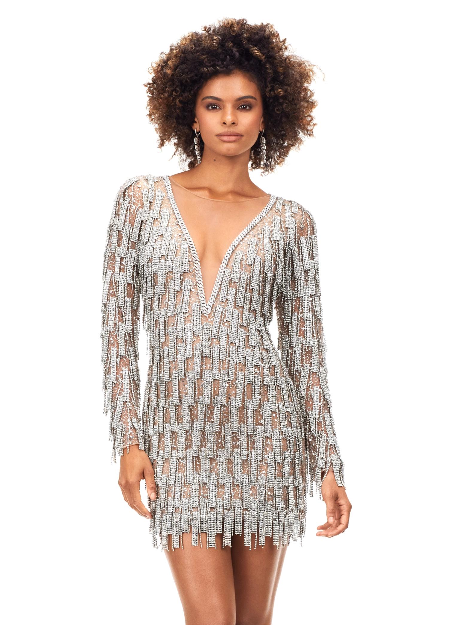 ASHLEYlauren 4569 Long Sleeve Beaded Cocktail Dress