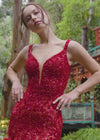 Video - Red ASHLEYlauren 11279 fitted gown featuring a deep illusion V-neckline, fully hand-beaded design, and feather accents throughout the skirt.