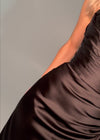 Video - Black ASHLEYlauren 11576 ruched satin gown featuring a Grecian-inspired one shoulder neckline, sweetheart bustier, left leg slit, and a side train for an elegant, flowing finish.