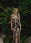 Video - ASHLEYlauren 1674 black and gold fully beaded gown with high neck, cap sleeves, centre slit, and geometric detailing
