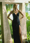 Video - Black ASHLEYlauren 11236 strapless gown featuring a sweetheart neckline, modern floral sequin motif cascading down the bustier and skirt, and a left leg slit for a glamorous and head-turning look.