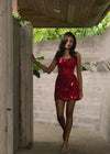 Video - Red ASHLEYlauren 4757 Strapless Hand Beaded Cocktail Dress with Mirror Details and Corset Bustier