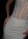Video - White ASHLEYlauren 11616 Spaghetti Strap Gown with Beaded Corset Bustier, Press On Stone Embellishments, and Left Leg Slit