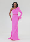 Video - Pink ASHLEYlauren 11131 One-Shoulder Scuba Gown with Feather Details, Heat-Set Stones, Crystal Belt, and Elegant Train