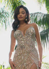 Video - ASHLEYlauren 11236 strapless gown featuring a sweetheart neckline, modern floral sequin motif cascading down the bustier and skirt, and a left leg slit for a glamorous and head-turning look.