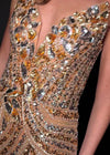 Video - Silver/Gold ASHLEYlauren 4500 strapless gown featuring a plunging V-neckline, ornate sequin bead pattern, and striking V-back for a bold and glamorous look.