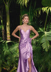 Video - Lilac ASHLEYlauren 11638 Edgy Shimmer Jersey Gown with Spaghetti Straps, Structured Corset Bustier, Statement Bow and Ruffle Accent, and Lace Up Back