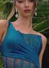 Video -  Peacock ASHLEYlauren 4691 one shoulder cocktail dress featuring a fully beaded corset bustier with press-on stones, a wrap skirt, and a left leg slit for an elegant and glamorous look.
