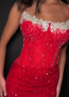 Video - Red ASHLEYlauren 11711 elegant gown featuring a fully hand-beaded bodice, spaghetti straps, corset bustier, illusion neckline, and a left leg slit for a glamorous and sophisticated look.