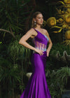 Video - Purple ASHLEYlauren 11617 Elegant One Shoulder Jersey Gown with Glamorous Beaded Corset Bustier, Ruched Hip Detail, and Left Leg Slit