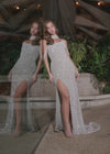 Video - ASHLEYlauren 11598 Silver Fully Beaded Gown with Pearl and Crystal Encrusted Bustier, Off Shoulder Design, and Beaded Choker