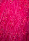 Video - ASHLEYlauren 11480 hot pink A-line gown with feather and jewel embellishments, corset bodice, lace up back, and left leg slit