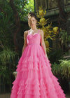Video - Pink ASHLEYlauren 11603 Spaghetti Strap Tulle Ball Gown with Tiered Skirt, Beaded Waist and Strap Accents, and Corset Bustier