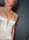 Video - Nude ASHLEYlauren 11644 Fitted Satin Gown with Corset Bustier, Illusion V-Neckline, Spaghetti Straps, and Beaded Accents