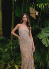 Video - ASHLEYlauren 11519 Silver Spaghetti Strap Gown with Unique Beaded Design, Mesh Plunging V-Neckline, and Curve-Accentuating Fit