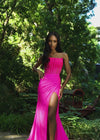 Video - Hot Pink ASHLEYlauren 11690 Glamorous Strapless Gown with Exposed Corset Boning Encrusted in Press On Stones, Ruched Skirt, and Left Leg Slit