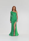 Video - Kelly Green ASHLEYlauren 1977 fitted hand-beaded dress featuring a one shoulder long sleeve, left leg slit, and a horsehair hem for an elegant and sophisticated look. Back back Back back