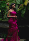 Video - Fuchsia ASHLEYlauren 11751 Strapless Taffeta Gown with Elegant Ruched Bodice, Dramatic Cascading Ruffle Detail, and Left Leg Slit