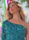 Video - ASHLEYlauren 4498 fitted one shoulder cocktail dress featuring an intricate peacock-inspired sequin bead pattern, single sleeve, and a front left leg slit for a bold and elegant look.