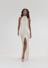 Video -ASHLEYlauren 11177 – An intricately hand-beaded halter gown featuring a stunning beaded motif, low open back, center slit, and a sweeping train. Perfect for making a show-stopping statement at any event.