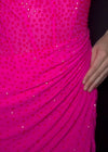 Video - Hot Pink ASHLEYlauren 11616 Spaghetti Strap Gown with Beaded Corset Bustier, Press On Stone Embellishments, and Left Leg Slit