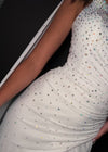 Video - White ASHLEYlauren 11736 glamorous one shoulder gown featuring press-on stone embellishments, a dramatic one shoulder cape, and a left leg slit for an elegant and show-stopping look.