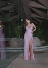 Video - Back. Lilac/Pink ASHLEYlauren 11236 strapless gown featuring a sweetheart neckline, modern floral sequin motif cascading down the bustier and skirt, and a left leg slit for a glamorous and head-turning look.